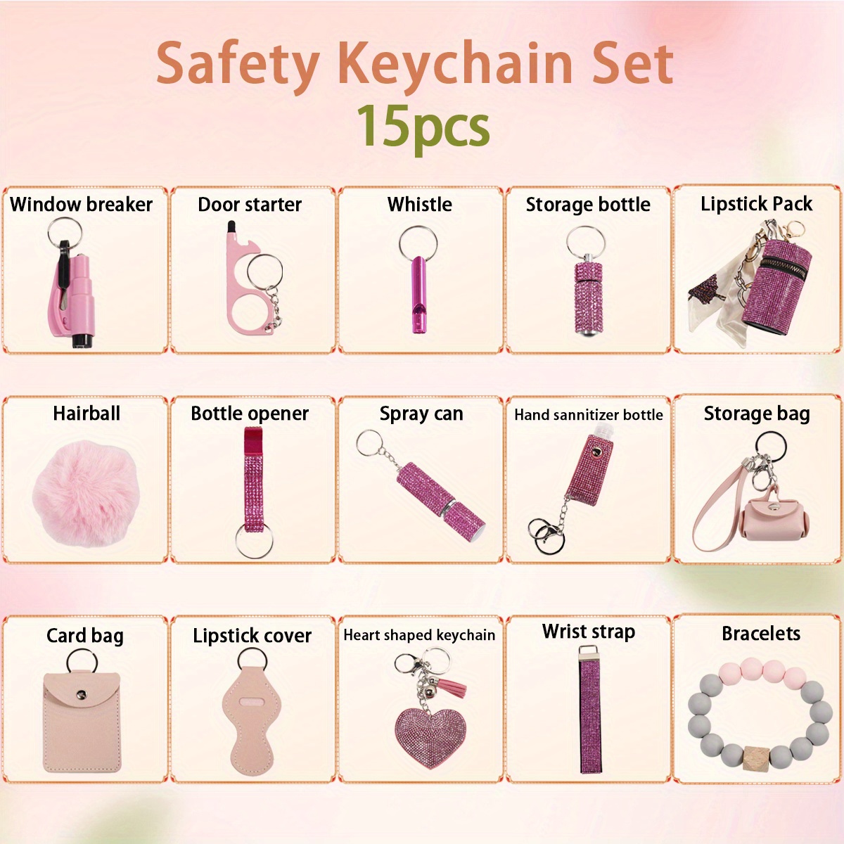 15pcs   safety keychain set for women with storage bag and pom card bag accessories kit details 1