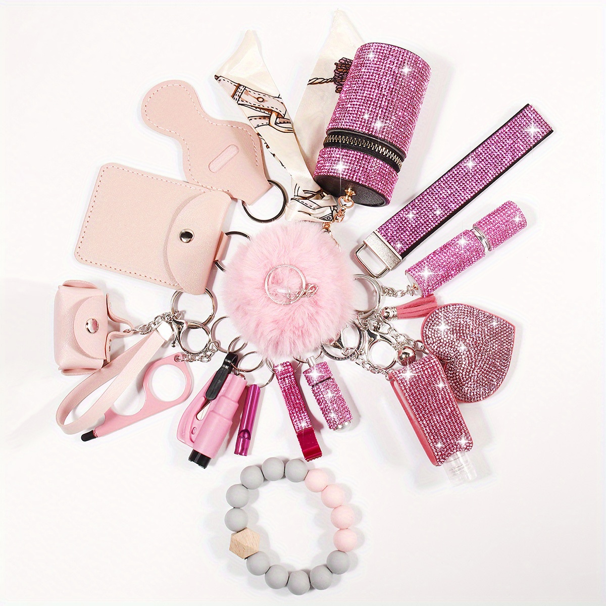 15pcs   safety keychain set for women with storage bag and pom card bag accessories kit details 3