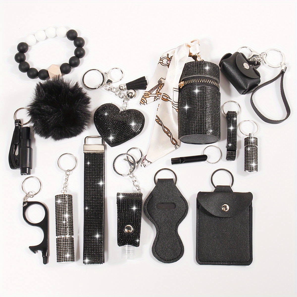 15pcs   safety keychain set for women with storage bag and pom card bag accessories kit details 5