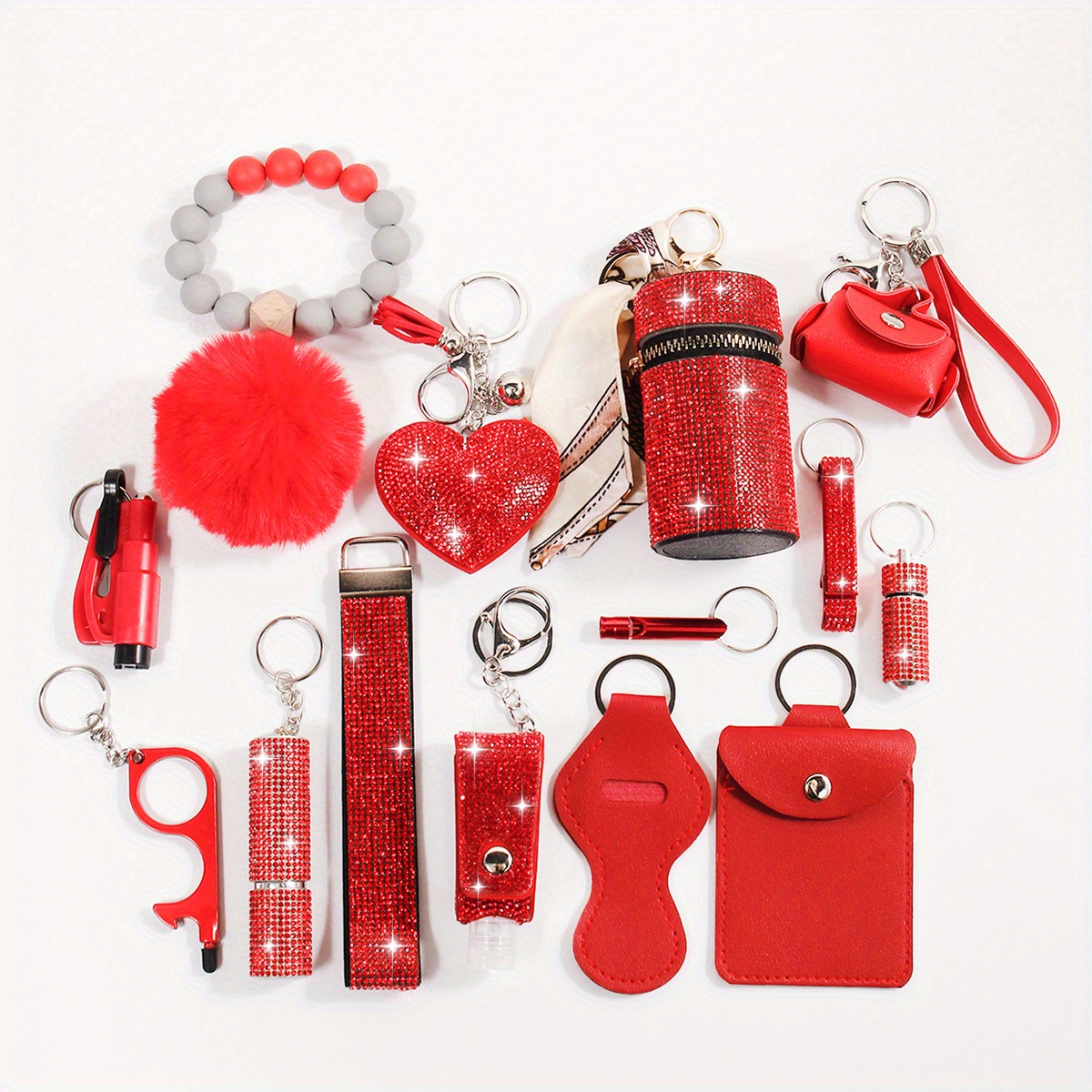 15pcs   safety keychain set for women with storage bag and pom card bag accessories kit details 6