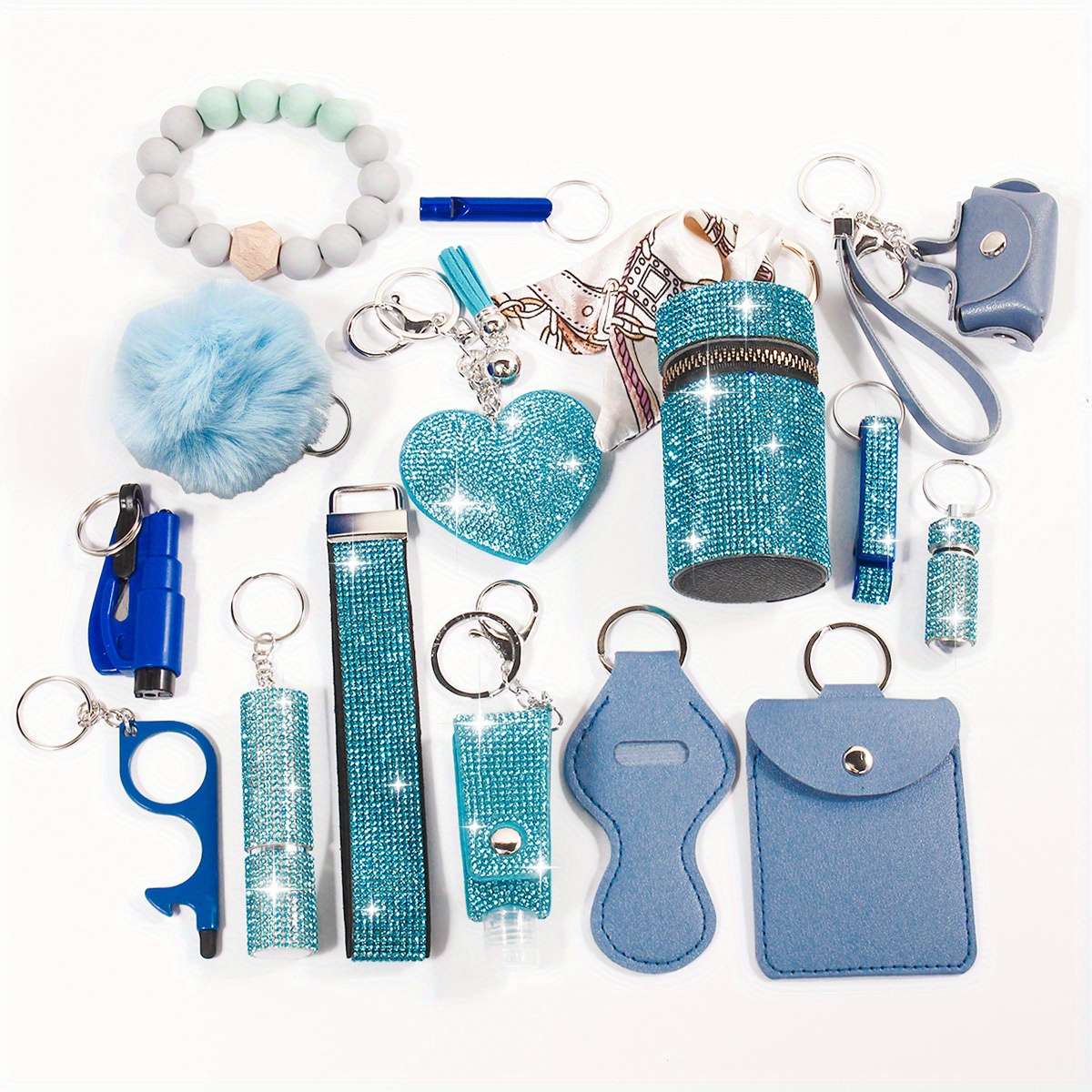 15pcs   safety keychain set for women with storage bag and pom card bag accessories kit details 7