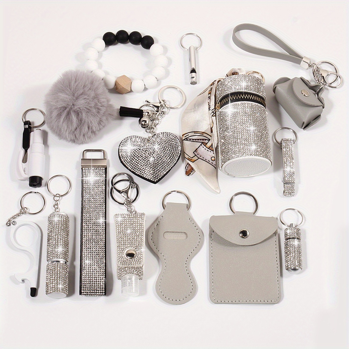 15pcs   safety keychain set for women with storage bag and pom card bag accessories kit details 8