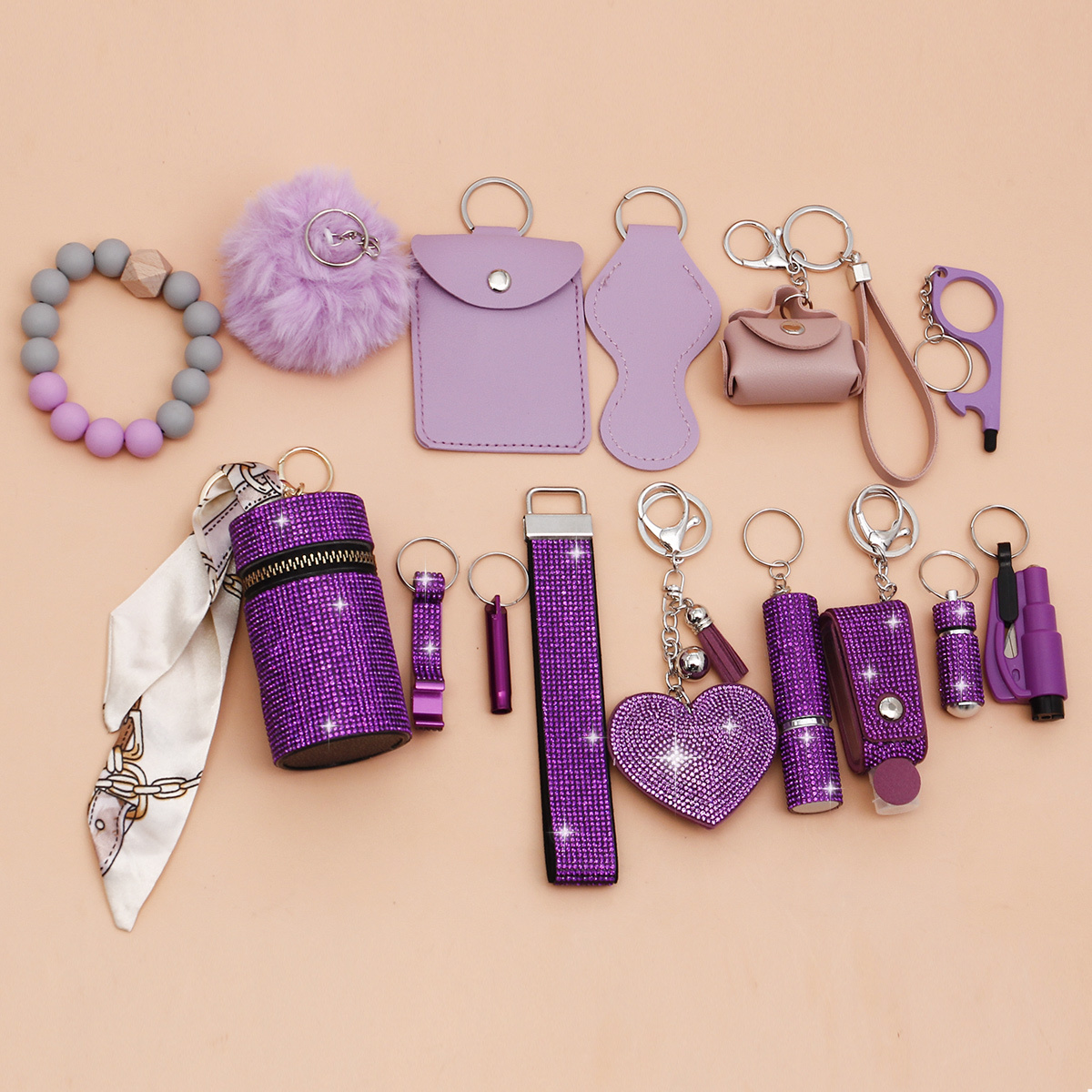 15pcs   safety keychain set for women with storage bag and pom card bag accessories kit details 9