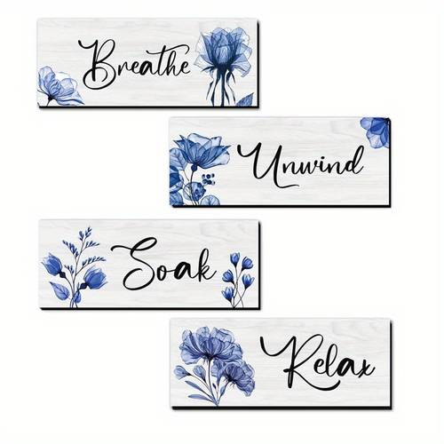 4pcs, Blue Flowers Wooden Ornaments 10in/25cm Wall Decor Sign - Relax Soak Unwind Breathe - Home Spa Bathroom Laundry Decor Room Home Sign Room Decor Party Decor Holiday Supplies Garden Decor Door Decor Outdoor Wall Art Decor(With Double-sided Adhesive Tape)