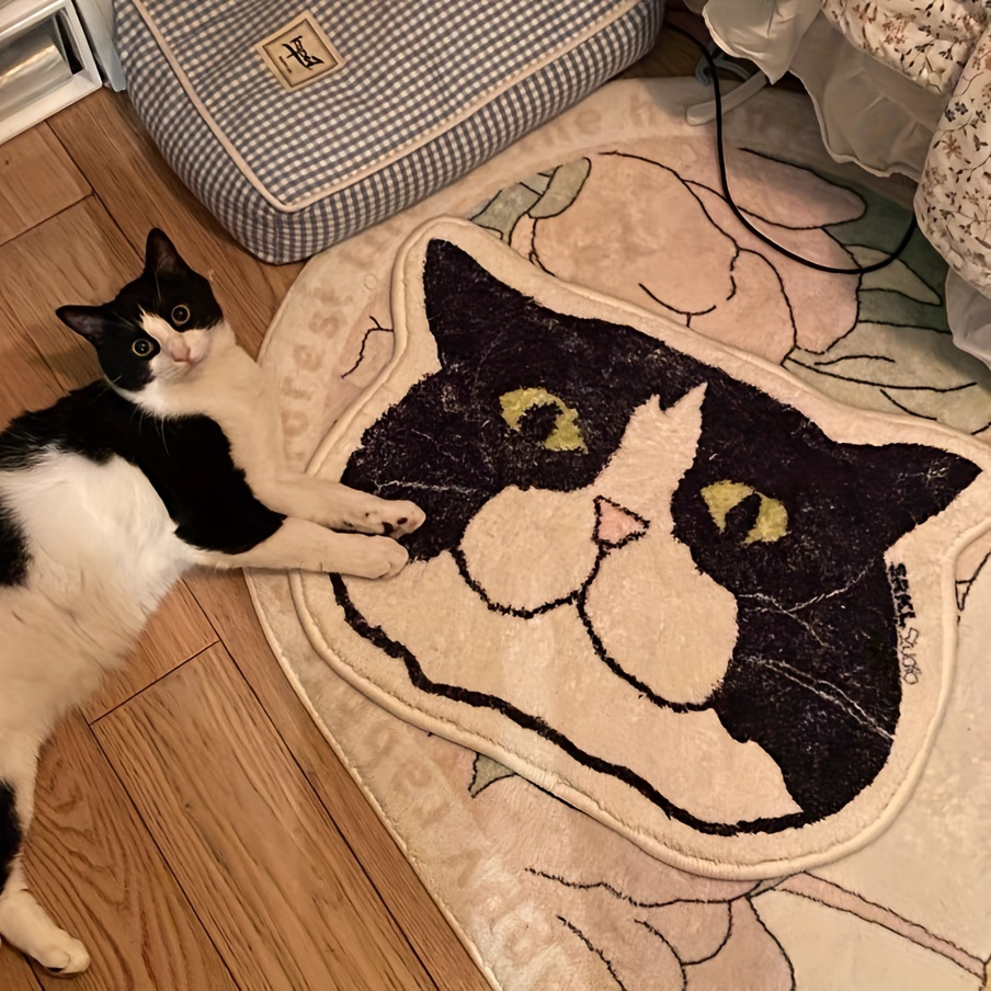 

1pc Cute Cat Head Pattern Non-slip Polyester Floor Mat, Hand Washable, Stain-resistant, Waterproof, Ideal For Living Room, Entryway, Laundry, Dining Area, Bathroom, Bedroom, Kitchen, Home Decor Rugs
