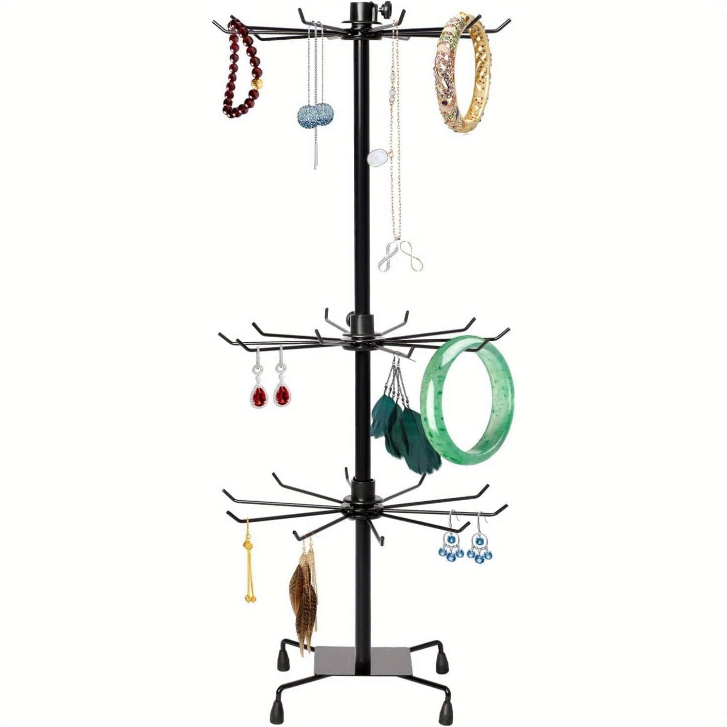 Image of 3 Tier Rotating Jewelry Tower Necklaces Hanger Stand Jewelry Holder Keyring Display Rotating Stand Rack For Organize Jewelry Necklaces Earrings Black