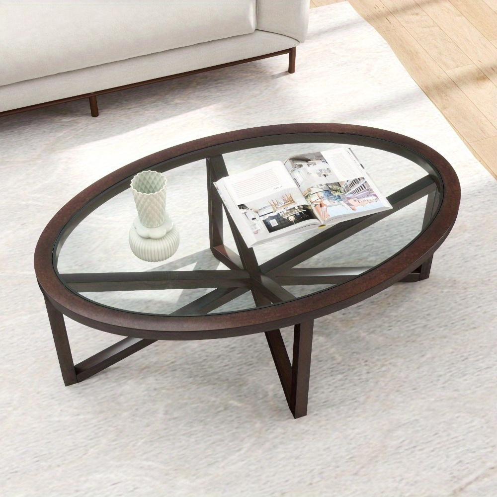 

Modern Minimalist Tempered Glass Coffee Table With Solid Wood Legs - Ideal For Living Room, Reception Area, Café, And Patio - Sturdy And Durable