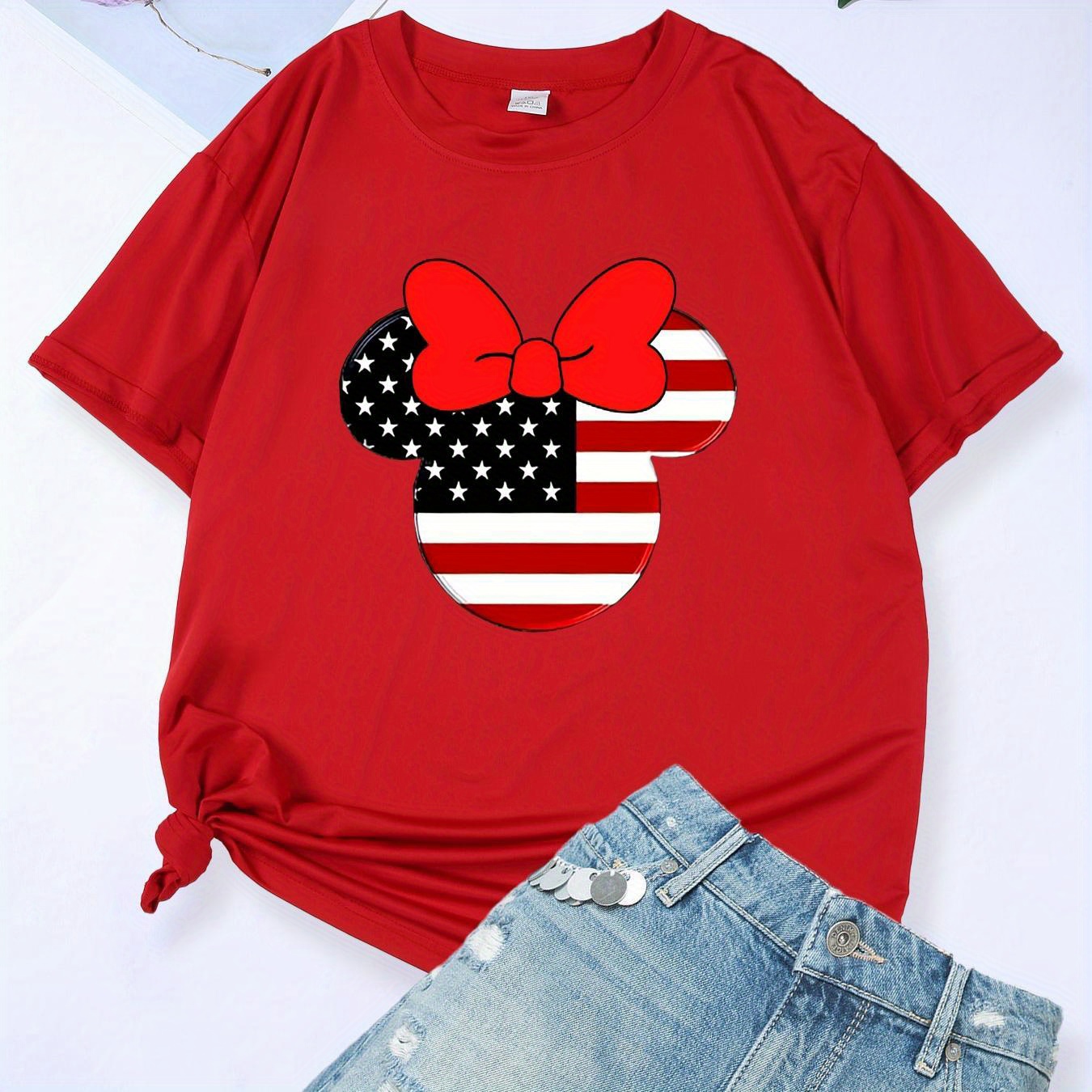 

Plus Size Mouse & Flag Print Casual T-shirt, Round Neck Short Sleeves Sports Tee, Women's Activewear For Independence Day