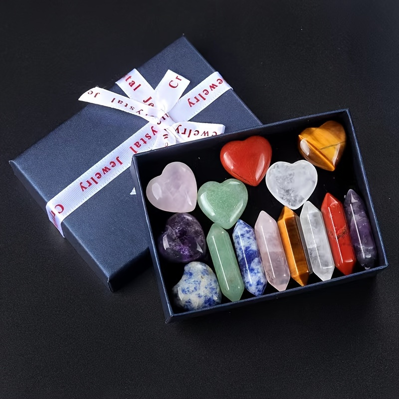 

14pcs Chakras Artificial Stone Gift Box Set - Stones Heart Hexagon Rose Synthetic Quartz Gems For Meditation, Bedroom Decor