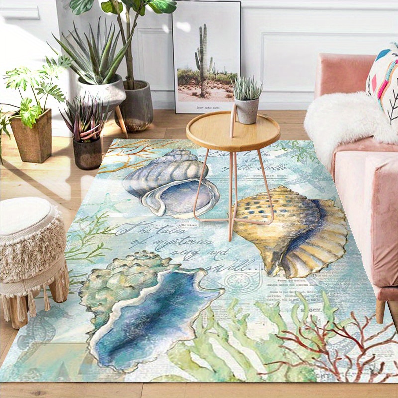 

Conch Coral Print Area Rug, Anti-slip Polyester Floor Mat For Bedroom, Bathroom, Dining Room, Living Room, Office And Laundry Room - Hand Washable Ocean-themed Carpet