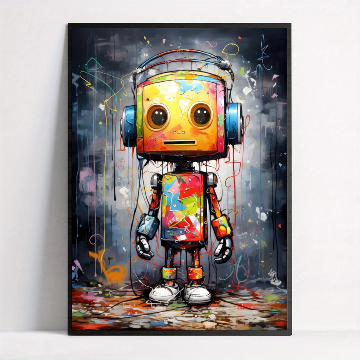 

Modern Graffiti Robot & Music Boy Canvas Art Print - Frameless Wall Decor For Living Room, Bedroom, Home Office - Vintage/contemporary Style
