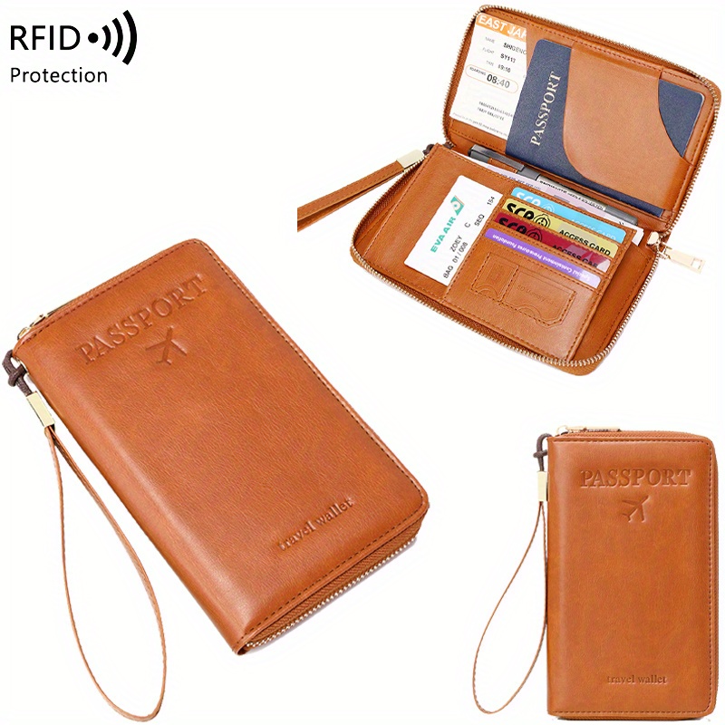 

Solid Color Rfid Portable Passport Holder, Multi Functional Airplane Ticket Clip, Card Wallet With Zipper And Wrist Strap