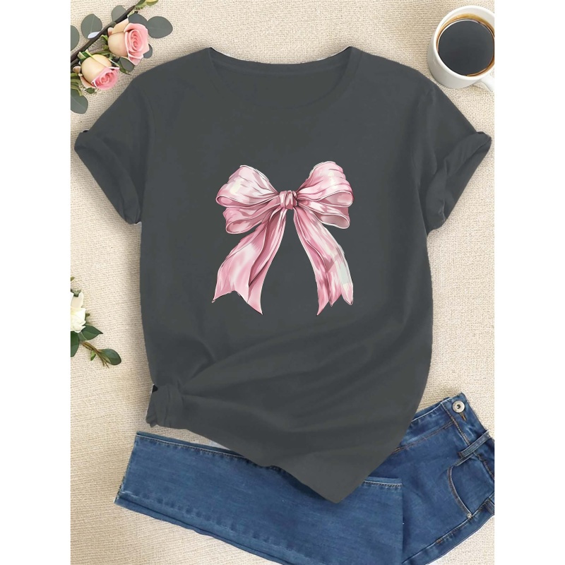 

Pink Bow Print T-shirt, Short Sleeve Crew Neck Casual Top For Summer & Spring, Women's Clothing