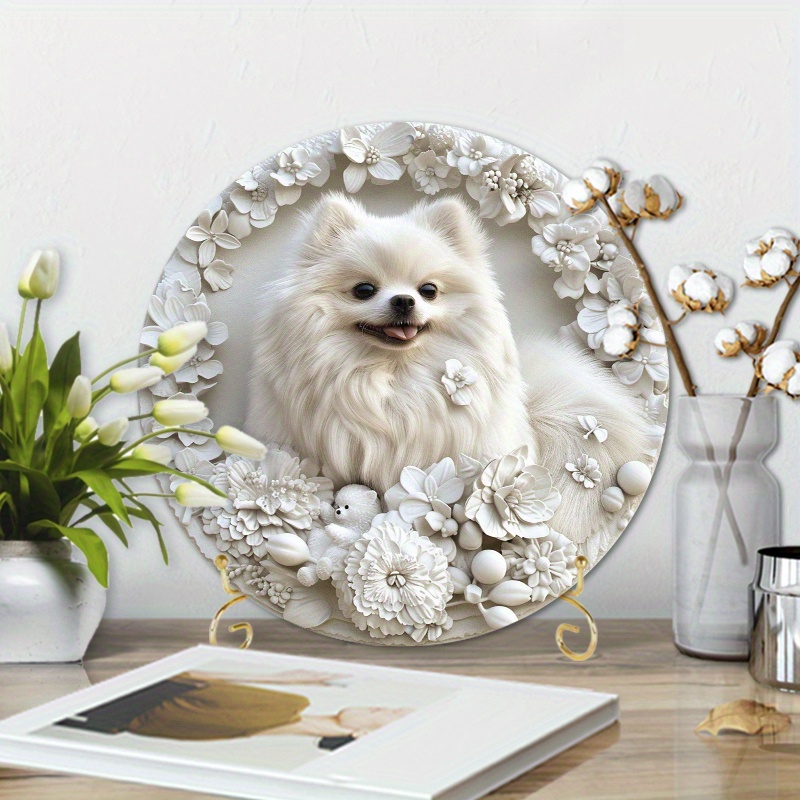 

1pc 8x8 Inch Aluminum Metal Circular 4 Seasons Wreath Sign 3d Round White Pomeranian With Toys (2) - Artistic Drawing Set For Home, Coffee Shop, And Restaurant Wall Decor