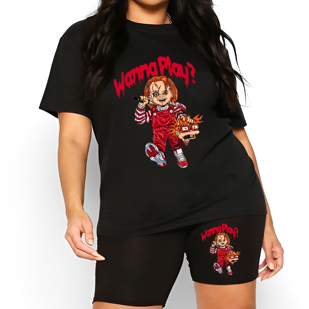 

Plus Size Graphic Print Biker Shorts Set, Short Sleeve Crew Neck T-shirt & Biker Shorts Outfits, Women's Plus Size Clothing