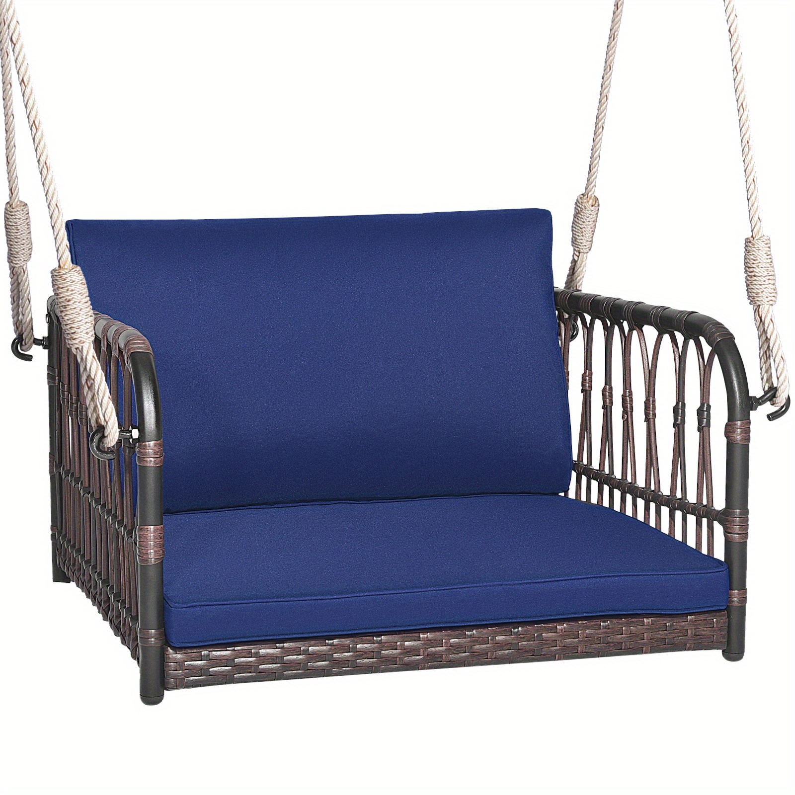 

Costway Porch Swing Chair Rattan Woven Hanging Bench Seat W/ Cushions Hooks Balcony Navy