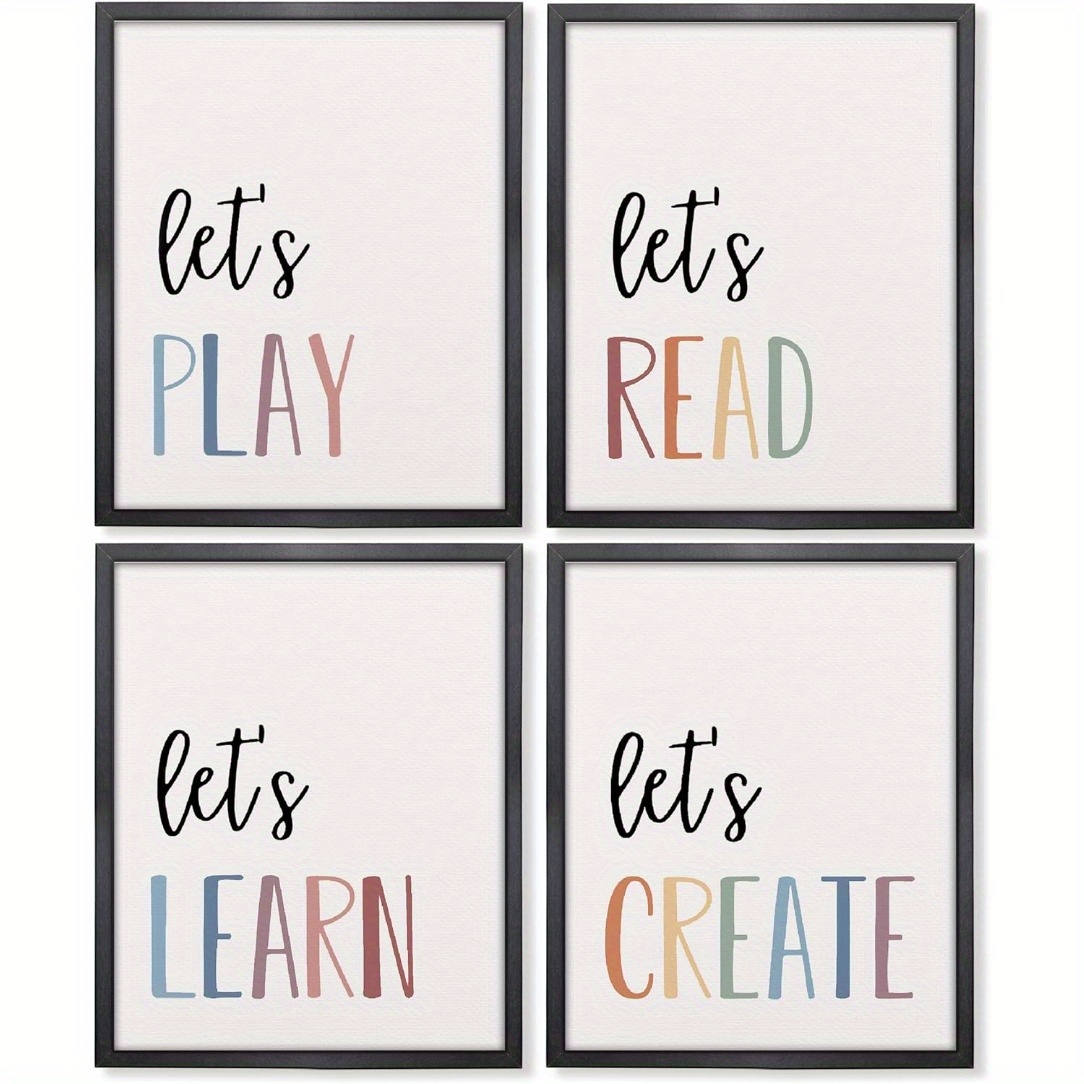 

4pcs Boho Neutral Educational Wall Art Posters - Frameless 8x10" Let's Play, Read, Learn, Create Classroom & Playroom Decor