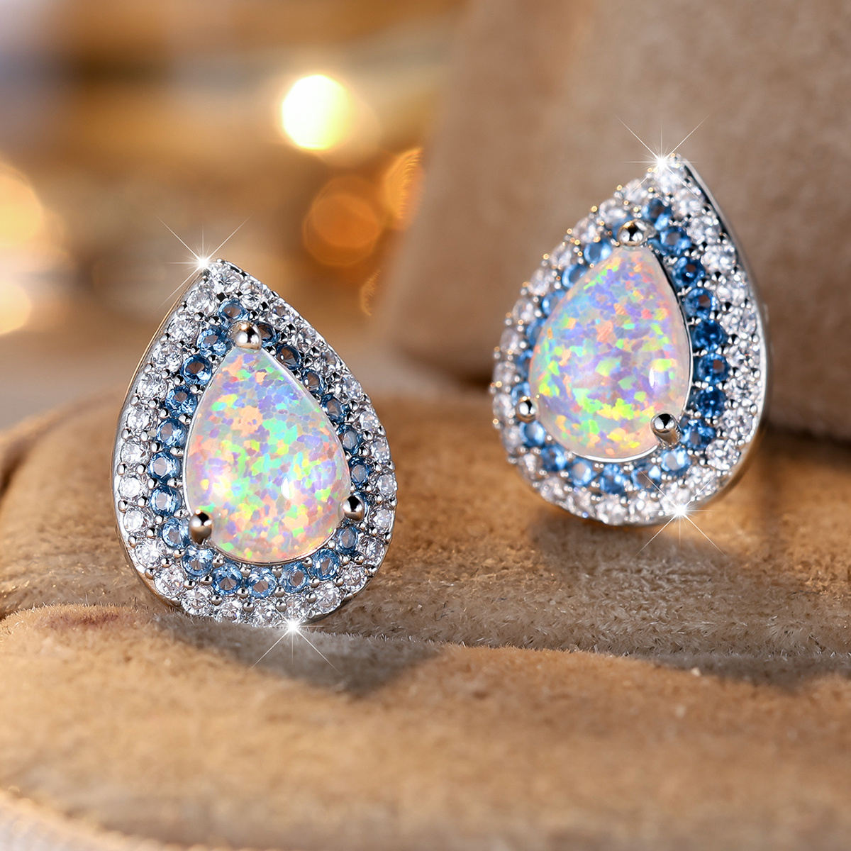 

1 Pair Elegant Teardrop Shape Earrings Inlay With Blue & White Colorful Opal, Bridal Luxury High-quality Wedding Jewelry, Bohemian Style Beach Vacation Chic Stud Earrings