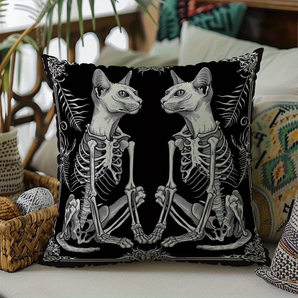

Set Of 1 Black And White Cat Skeleton Gothic Throw Pillow Cover, Contemporary Polyester Decorative Cushion Case For Living Room Bedroom Sofa - Machine Washable, Zipper Closure, Woven - 18x18 Inches