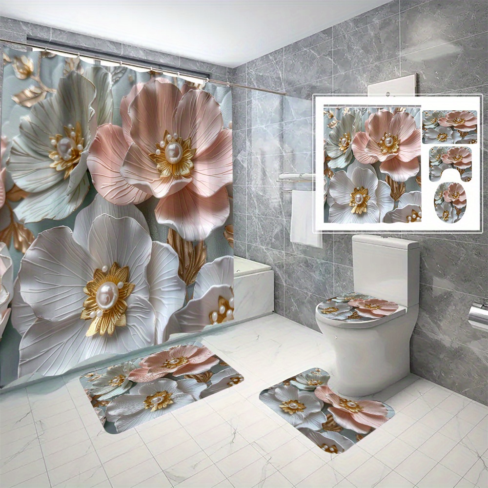 

4 Pcs 3d Printed Pearl Flowers Shower Curtain Set With Hooks - Waterproof, Cartoon Pattern, Floral Theme, Polyester Fabric, Machine Washable, Suitable For All Seasons
