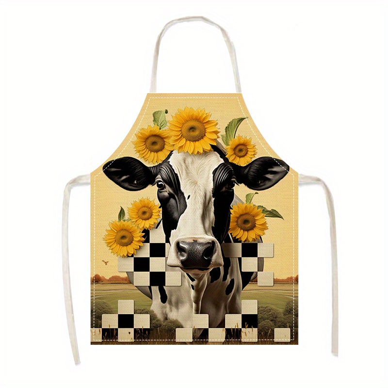 

Sunflower Cow Art Floral Apron Linen Adjustable Cooking Kitchen Apron With Colorful Print For Men And Women - Woven Linen Material, Stain-resistant, Home Kitchen Workwear