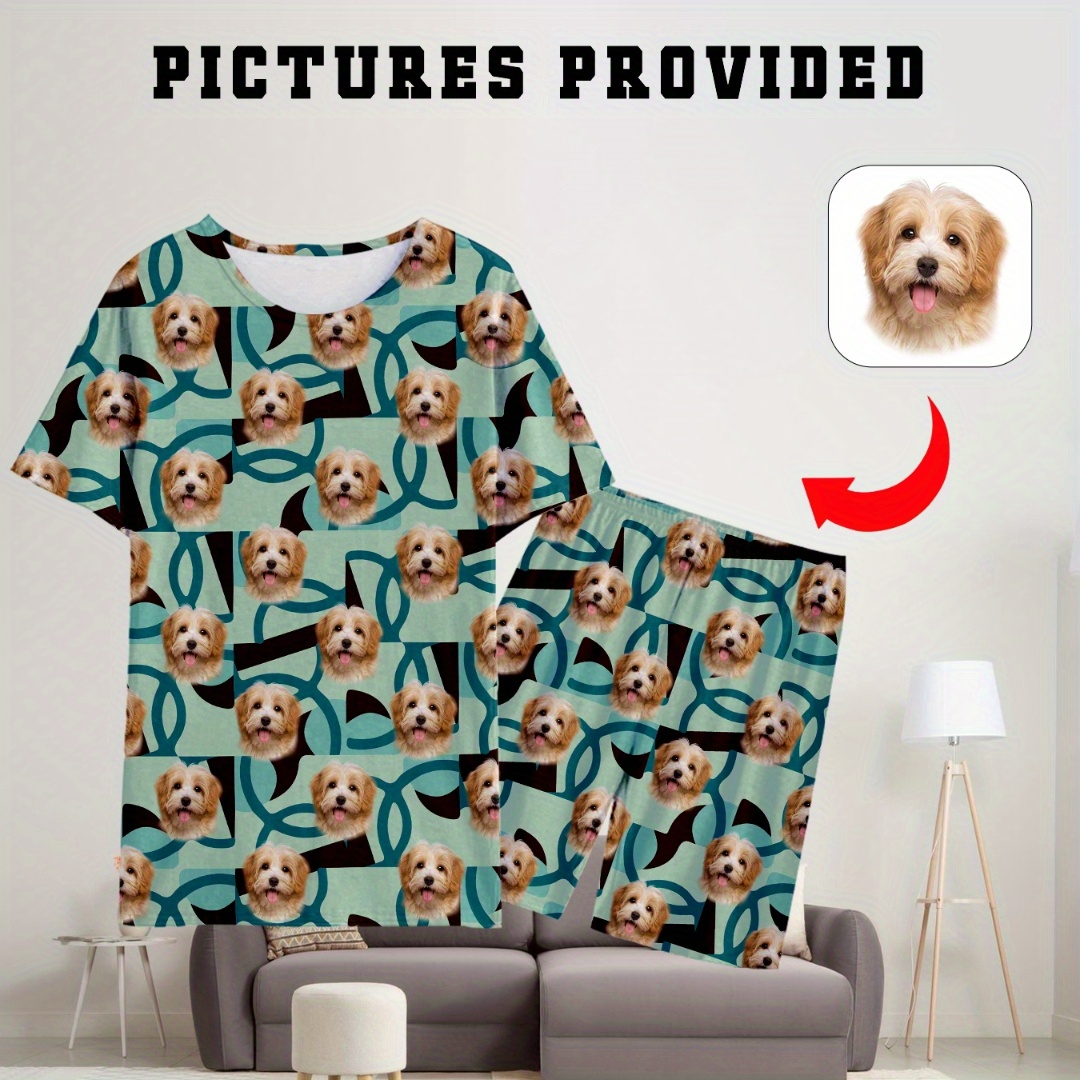 

2 Pcs Men's Customized Pajama Sets, 3d Digital Dog Head Print Short Sleeve T-shirt & Shorts, Comfortable & Gentle Style Pajamas For Men's Summer Cozy Loungewear