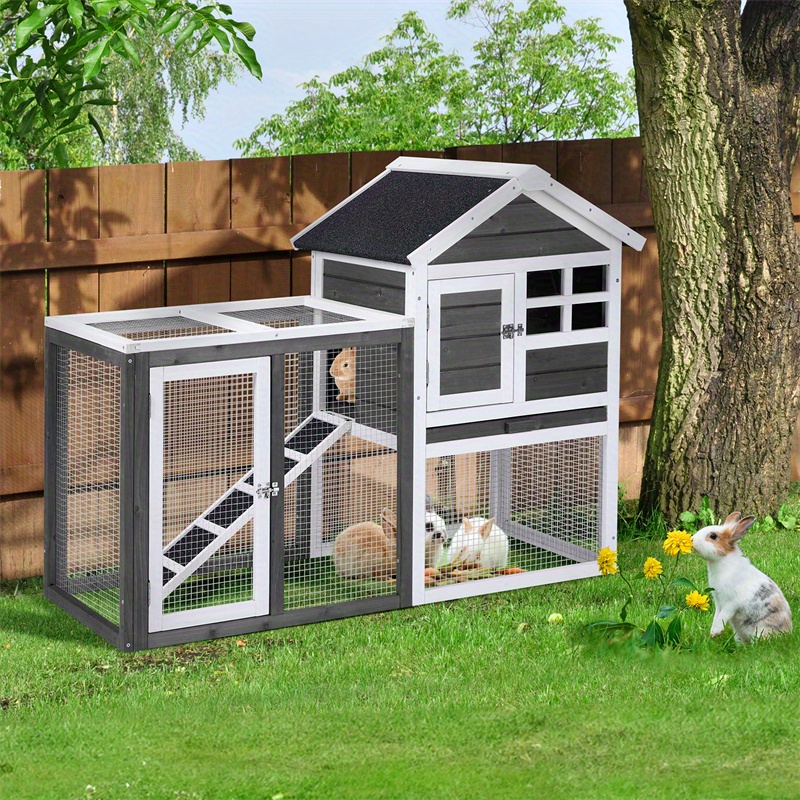 1pc wooden rabbit hutch outdoor chicken coop indoor bunny cage with run guinea pig house pet house with pull out upper tray grey
