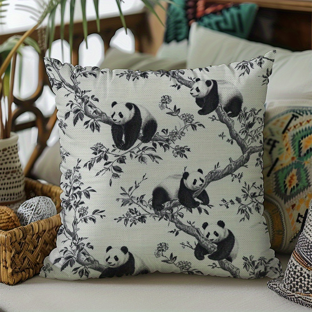 

Chic Black & White Panda Decorative Throw Pillow Cover, 18x18in - Zippered Polyester Cushion Case For Sofa, Bedroom, And Home Decor