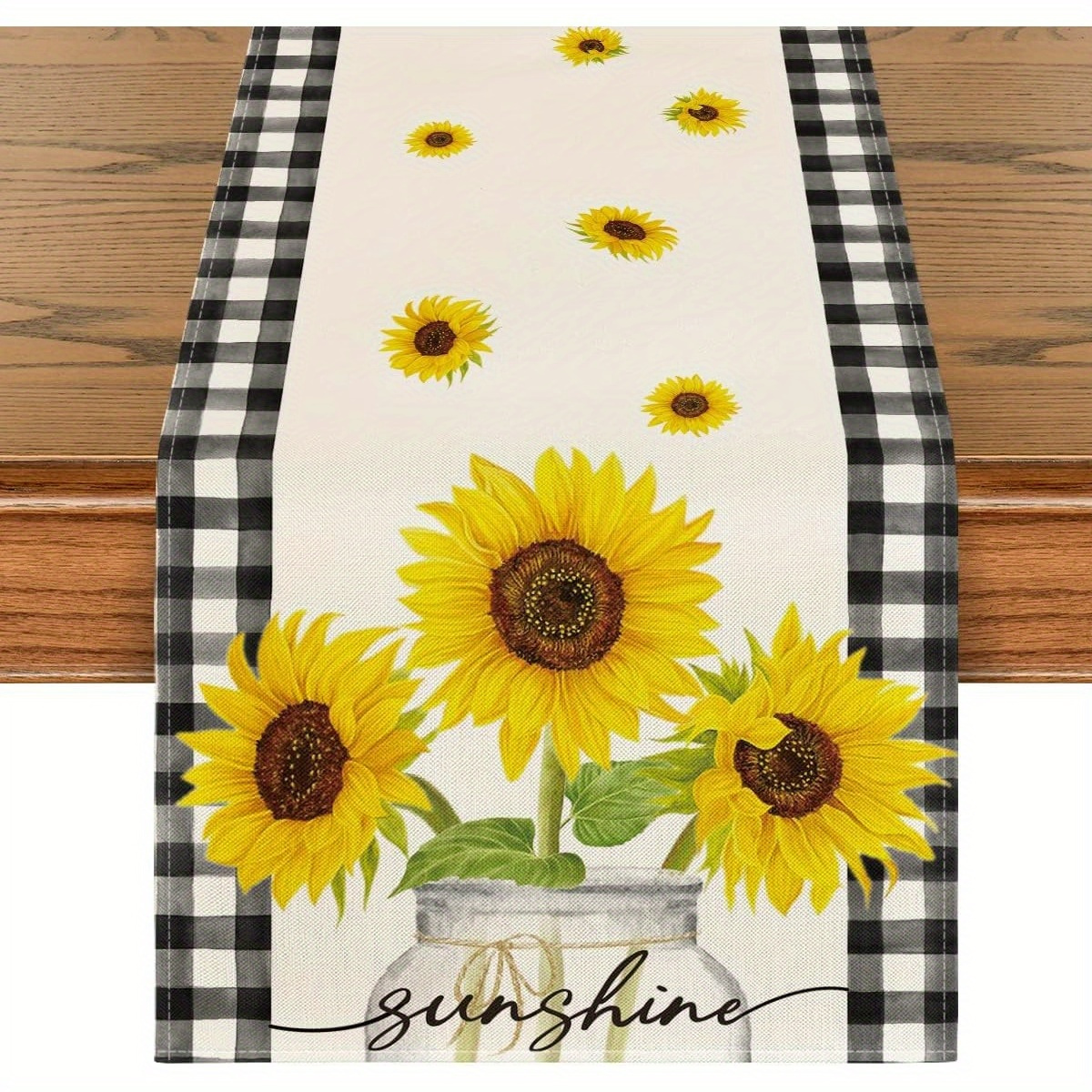 

1pc Sunflower & Mason Jar Design Table Runner - "" , 100% Polyester, 13x60 Inch - Spring/ & Party Dining Decor, Home Decor