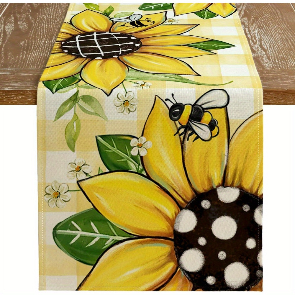 

Arkeny Summer Sunflower Bee Table Runner - Rectangle 13x72 Inches, Yellow Buffalo Plaid Polyester Burlap Farmhouse Indoor Kitchen Dining Table Decor For Home Party At605-72