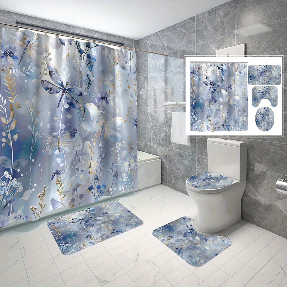 

4pcs Dragonfly Printed Shower Curtain Set, 180x180cm Waterproof Bathroom Decor With 12 C-type Hooks, Including Anti-slip Bath Mat And Toilet Cover