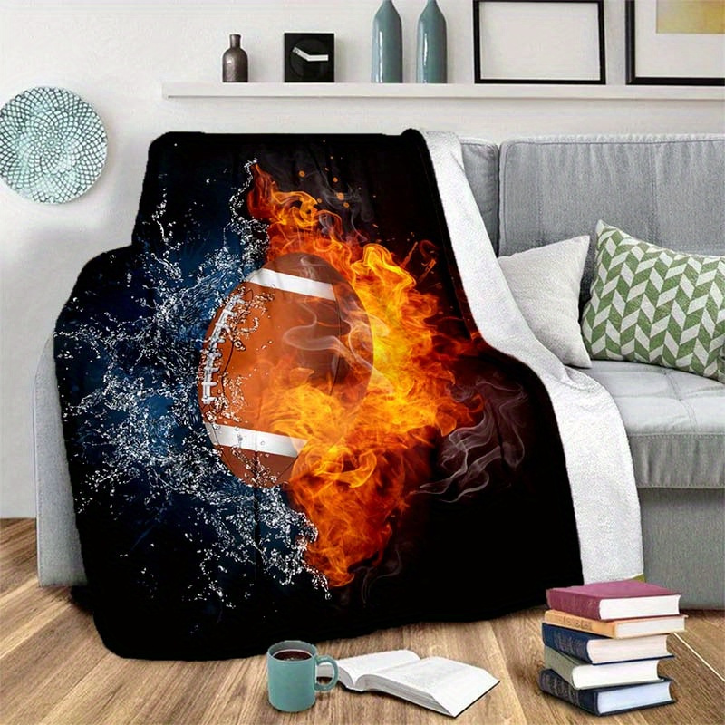 

Soft Polyester Football Throw Blanket, Warm And Cozy Nap Blanket For Couch Sofa Bed, Multi-purpose All-season Blanket For Camping Travel, Large Size With Fire And Water Design