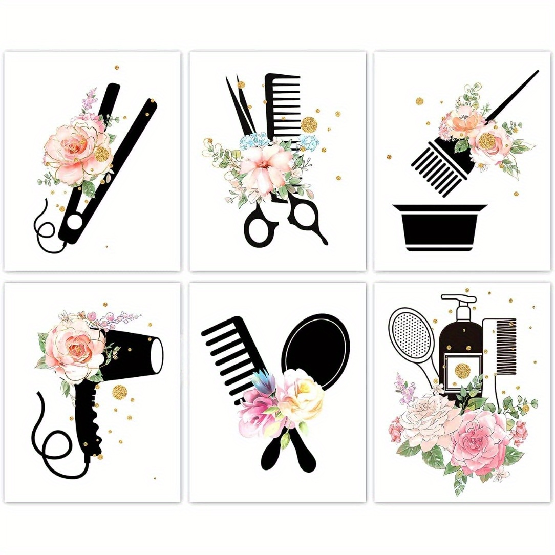 

Chic 6pcs Set - , Featuring Scissors, Dryer & Curler Designs For Barbershop Decor, 8x10 Inches, Room Decor