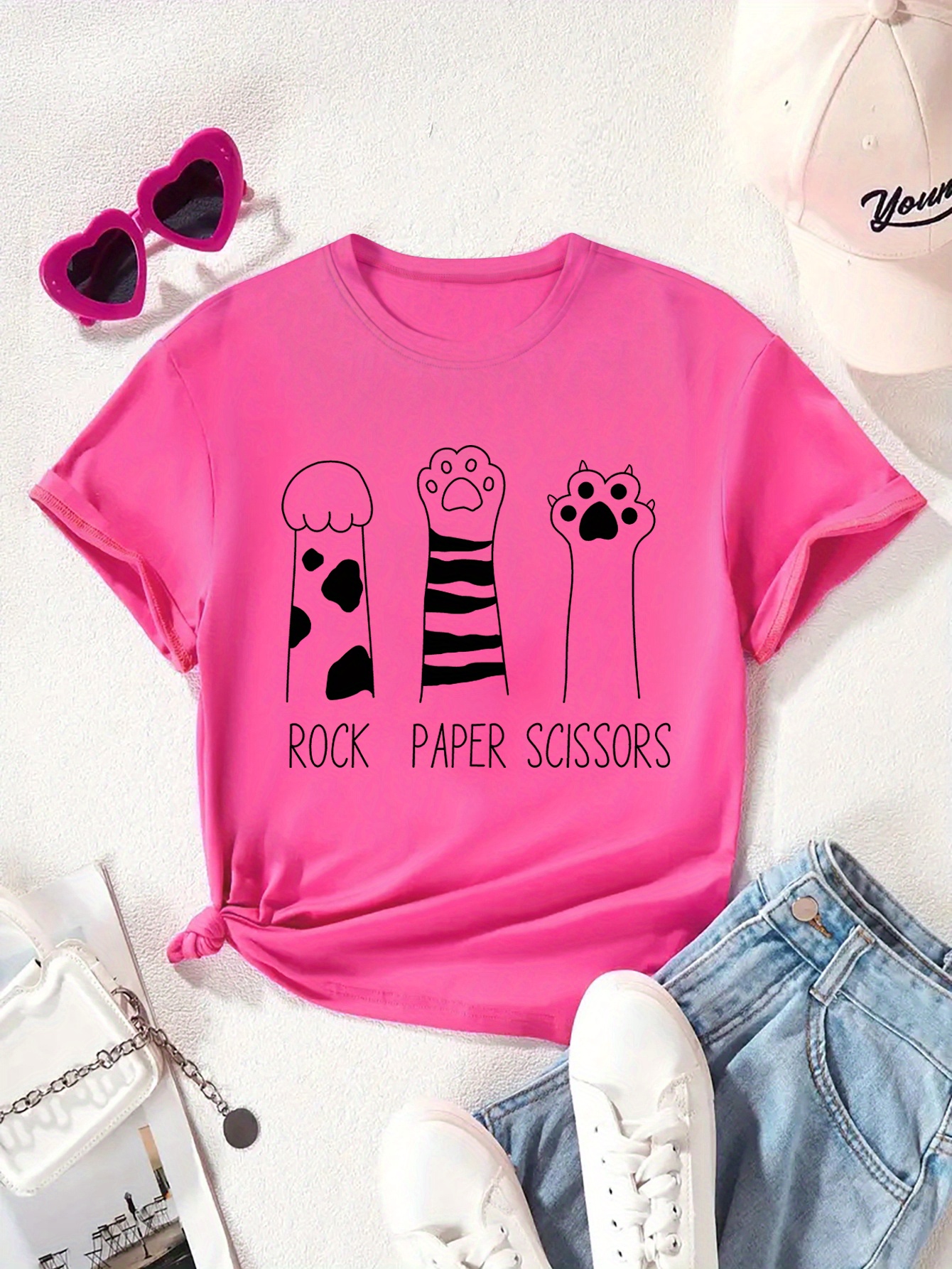 Rock Paper Scissors Cartoon Cat Paws Graphic Print Tee - Temu