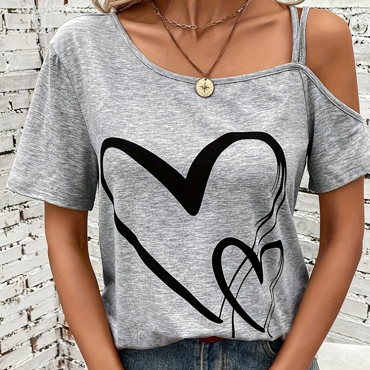 

Heart Print Cold Shoulder T-shirt, Elegant Short Sleeve Asymmetrical Top For Spring & Summer, Women's Clothing