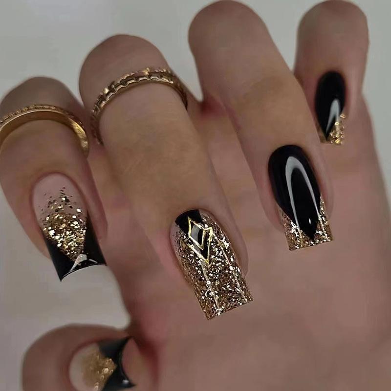 

24pcs Glossy Long Square Fake Nails, Black Color Flash False Nail Tips Fashion Cool French Nails Shine Full Cover Press On Nails With Golden Glitter