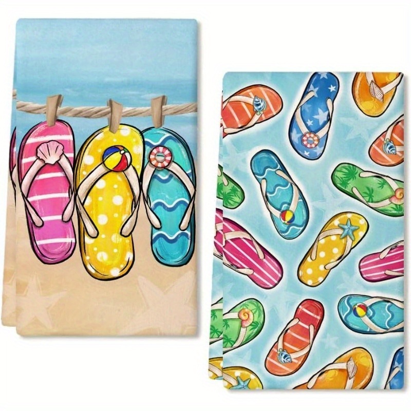 

2pcs, Modern Polyester Beach Slippers Themed Dish Towels, Soft Summer Kitchen & Bathroom Hand Towels, Decorative Absorbent Tea Towels For Home