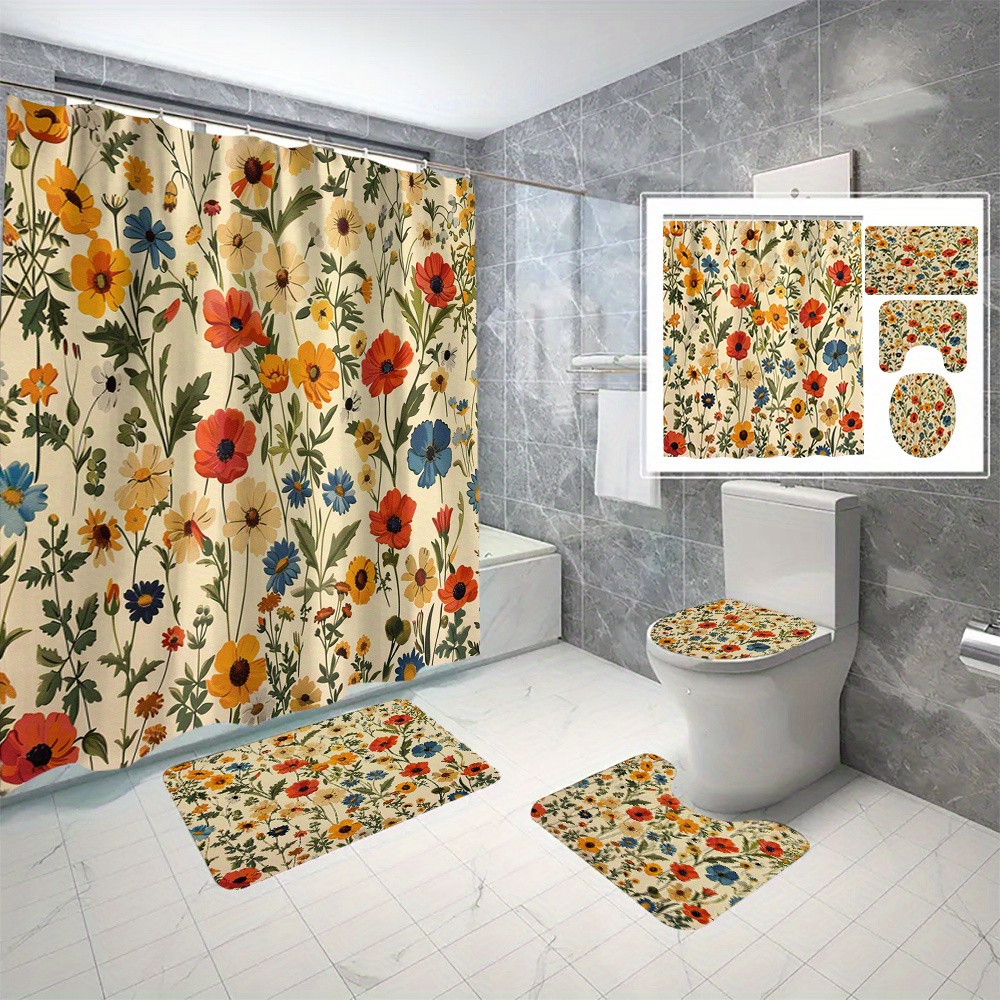

4pcs Floral Shower Curtain Set, Digital Print, No-drill Bathroom Partition, 70.8x70.8 Inch, With 12 C-type Hooks, Non-slip Bath Mats Rugs, Toilet Cover, Waterproof & Fade-resistant Decor