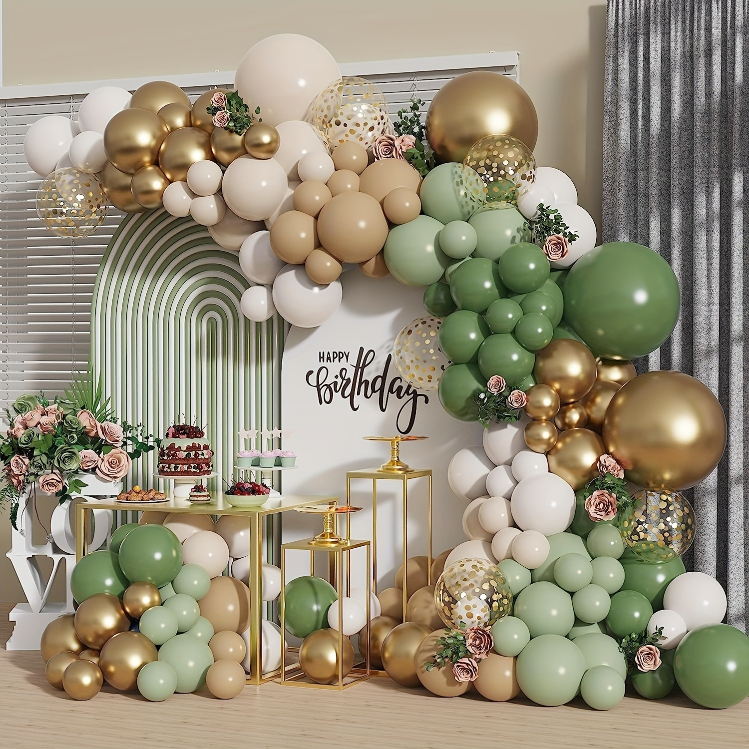 

115-piece Retro Balloon Arch Kit - Sage Green, White & Metallic Gold With Macaron Confetti For Weddings, Birthdays, Anniversaries & Graduations