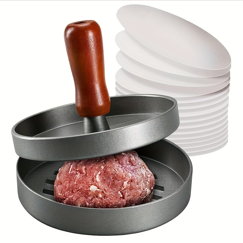 

Burger Press With Wooden Handle & Wax Papers - Beef, Veggie | Ideal For Bbq Grilling, Camping & | Black