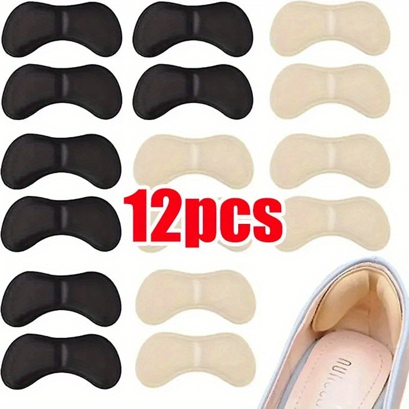 

12-piece Comfort Heel Cushion Pads - Anti-wear, Self-adhesive Sponge Inserts For Shoes, Unisex Fit, Black/nude