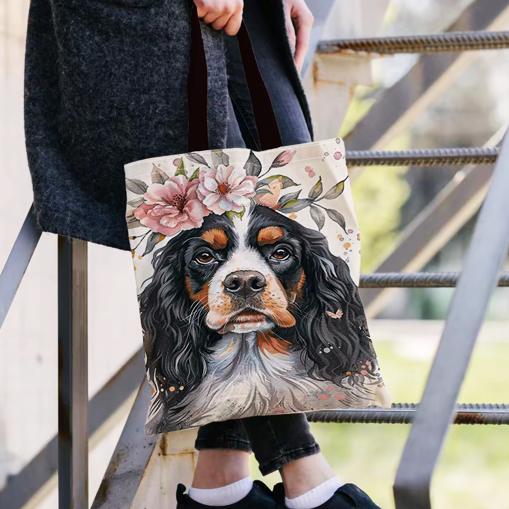 

1pc Cute Dog & Floral Pattern Canvas Tote Bag, Perfect For Shopping, Large Capacity Shoulder Bag For Daily Use, Vacation
