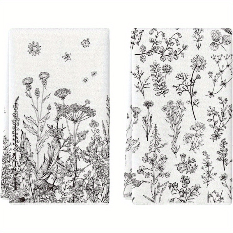 

2pcs, Polyester Blend Kitchen Towels, Modern Antique Vanilla Wildflower Leaves Design, Soft Summer Hand Dish Towels For Kitchen And Bathroom
