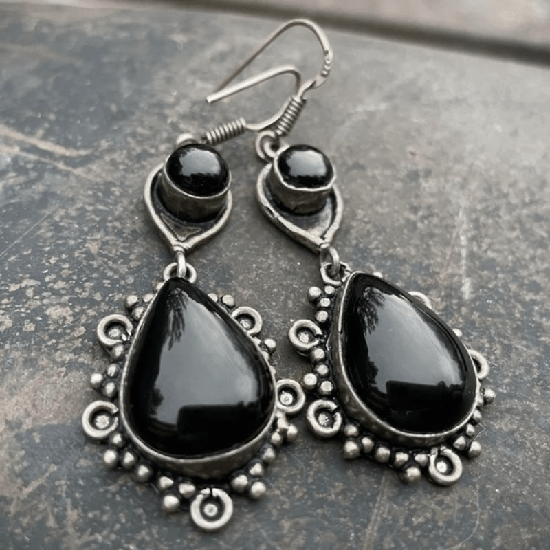 

Vintage Tribal Black Stone Earring Indian Jewelry Geometric Triangle Hollow Drop Dangle Earrings