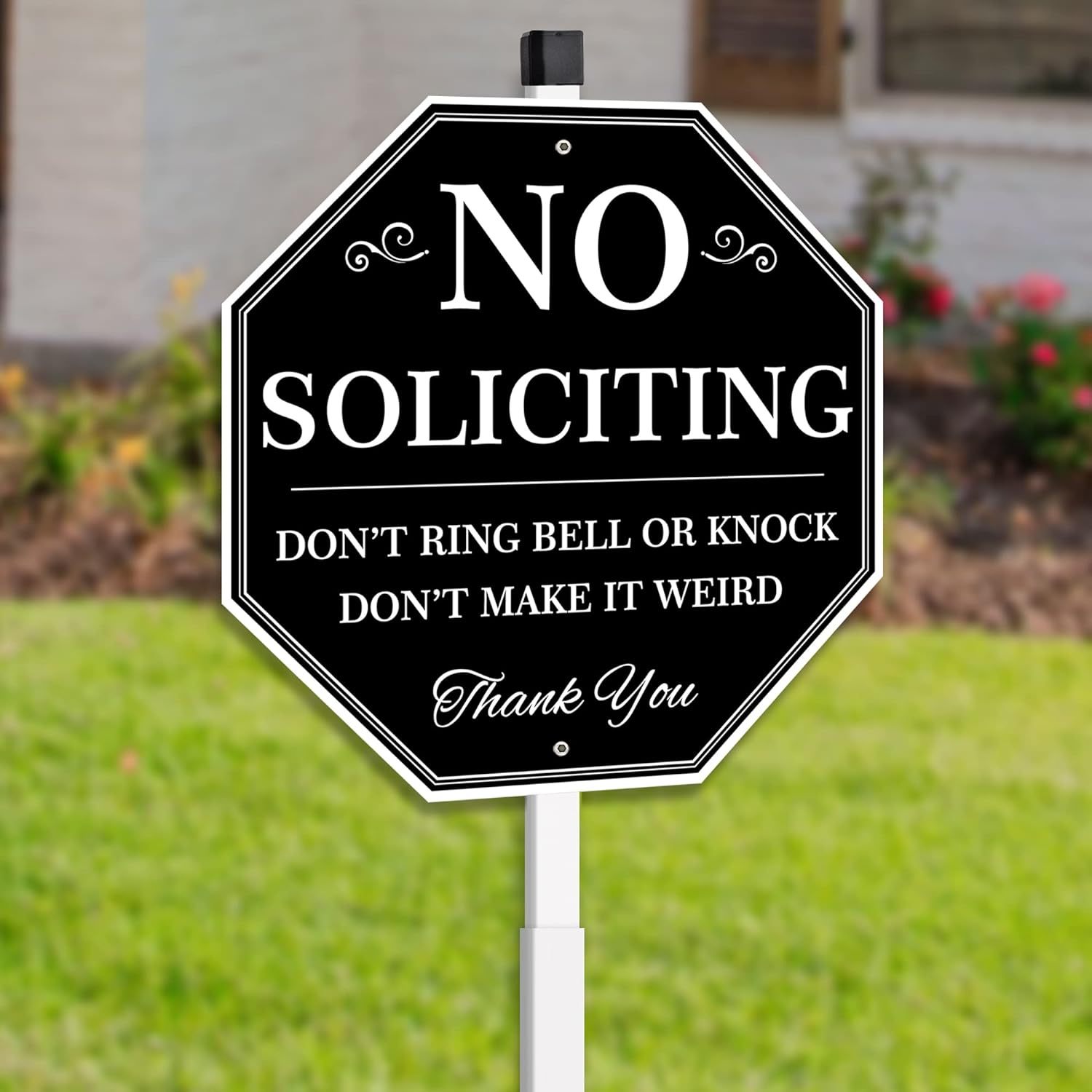 

No Soliciting Yard Sign, No Soliciting Sign For House Yard With Stake, 10" X 28", Metal Black And White