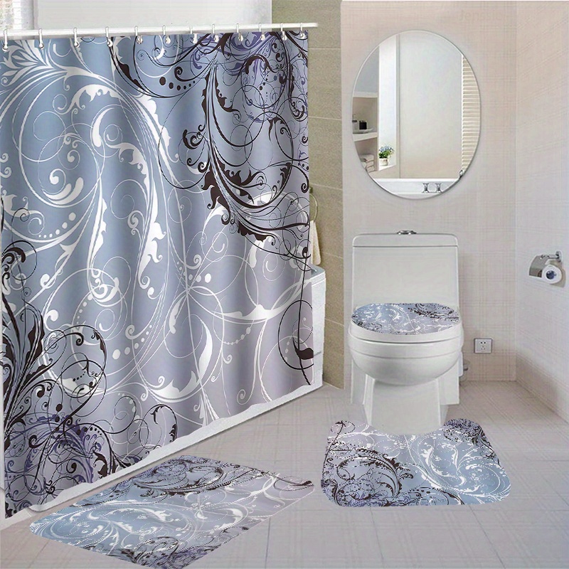 

4pcs Elegant Swirls Shower Curtain Set, Waterproof Polyester Fabric, 70.87"x70.87" With Non-slip Bath Mats Rugs And Toilet Cover, Includes 12 Hooks, Washable Bathroom Decor