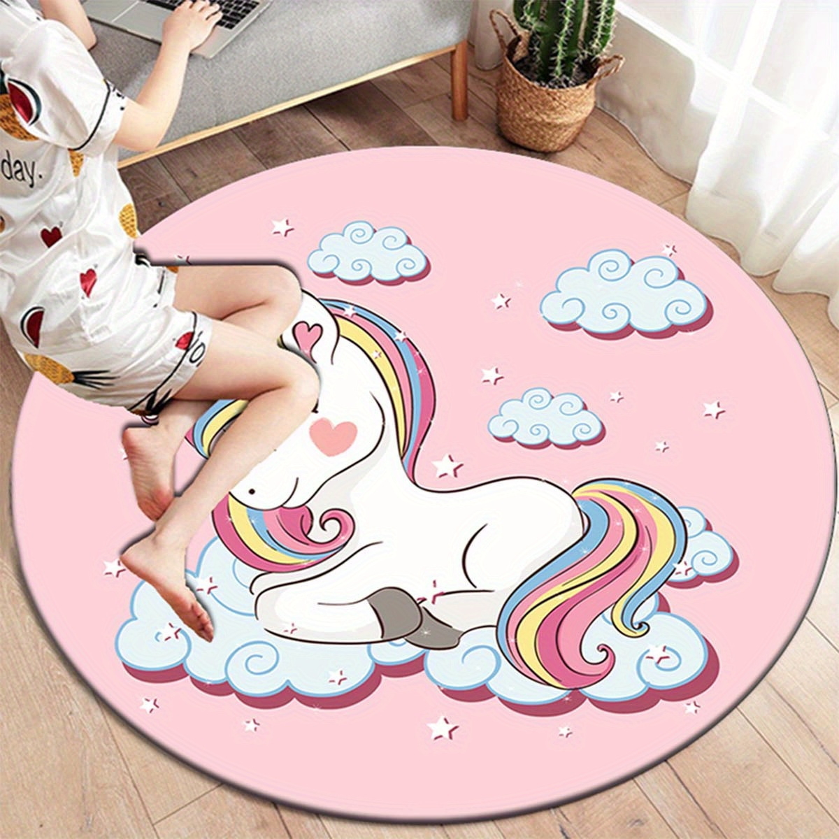 

Non-slip Unicorn Pattern Round Area Rug - Polyester, Hand Wash, Indoor/outdoor Carpet For Bedroom, Living Room, Nursery, Office Decor - Durable, Non-shedding Mat