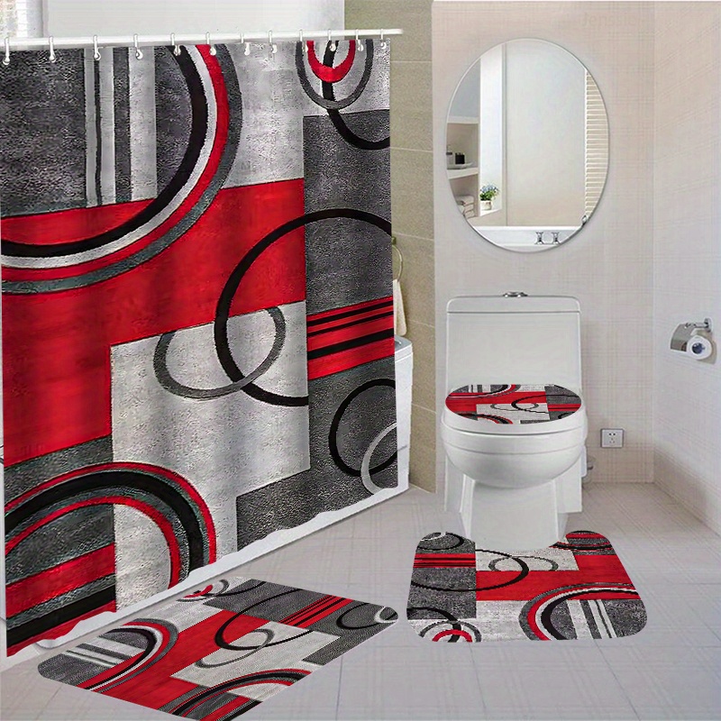 

4pcs Abstract Geometric Pattern Shower Curtain Set, Waterproof Shower Curtain With 12 Hooks, Non-slip Bathroom Rug, Toilet Mat, Toilet Lid Cover Pad, Bathroom Decor