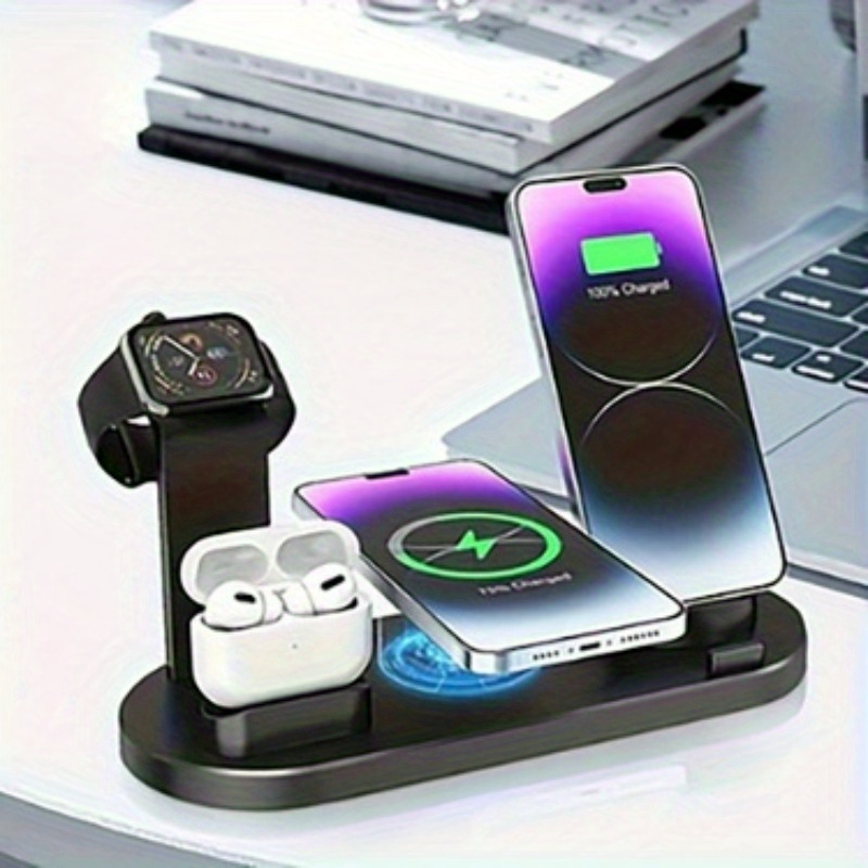 6 in 1 15w wireless charger for fast charging is suitable for iphone iwatch   which can charge 4 phones and one earphone simultaneously there is a stand with watch charging made of abs suitable for desktop work learning and drama use details 0