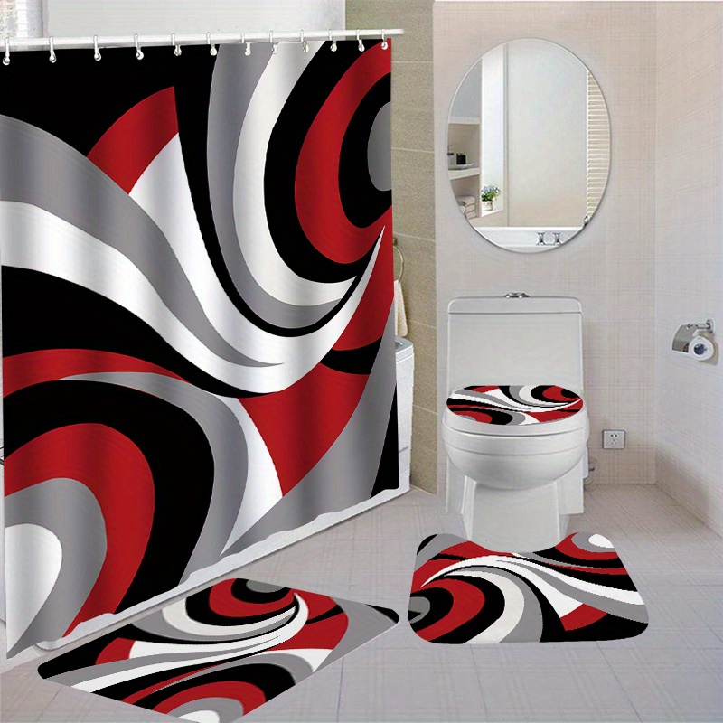 

Abstract Shower Curtain Set With 12 Hooks, Water-resistant Polyester Fabric, Non-slip Bath Mats And Rugs, Toilet Lid Cover, Fashion Themed Bathroom Decor, Woven Only Curtain Ensemble